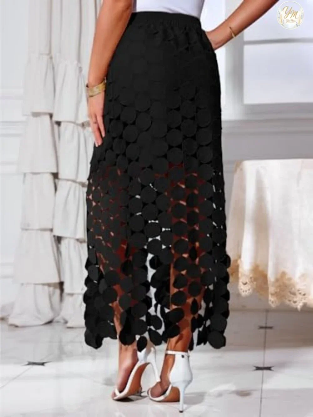 Boho Hollow Out Maxi Skirt with Fringe Hem High Waist Summer Circle Skirt